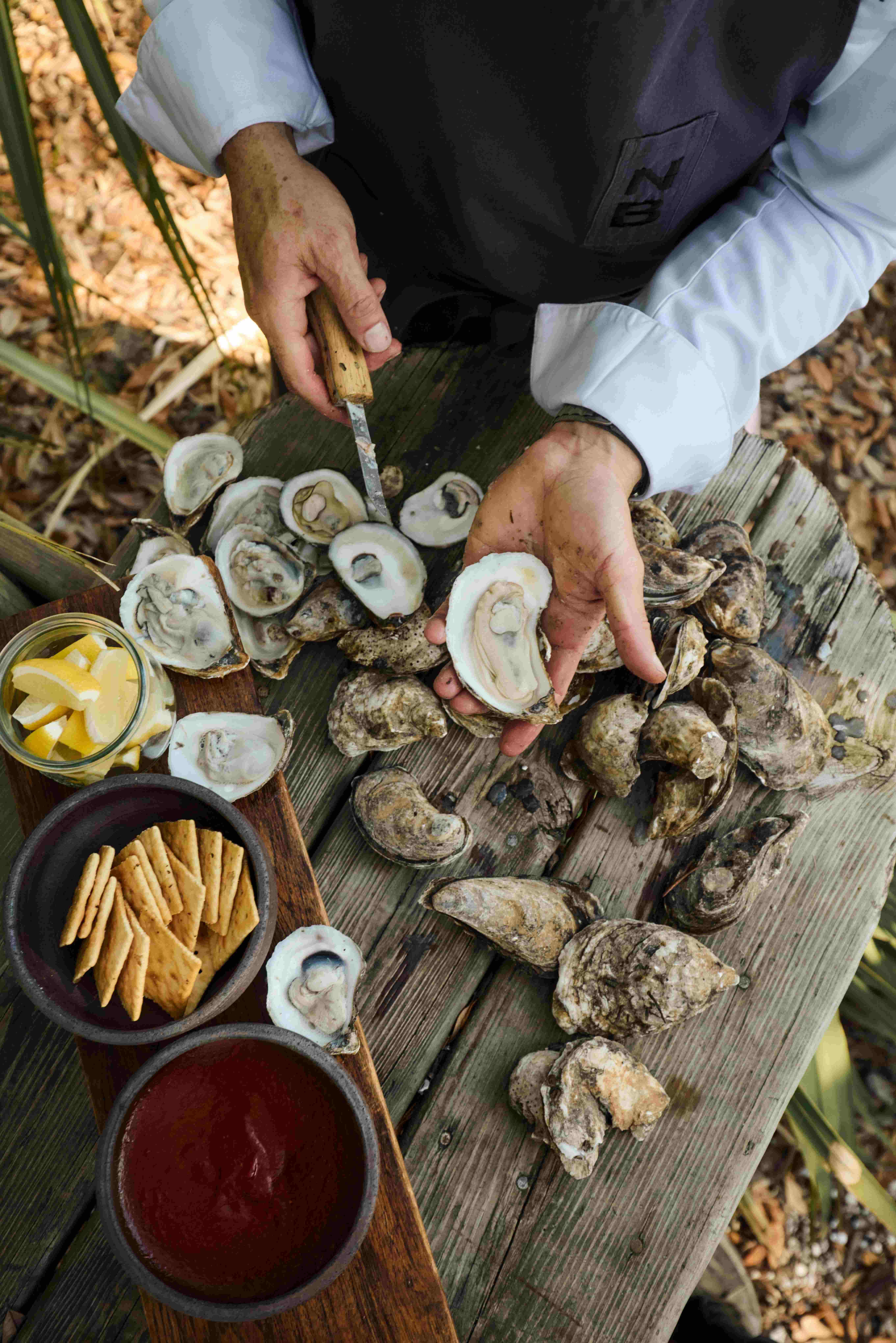 A person shucking oysters at Montage Palmetto Bluff